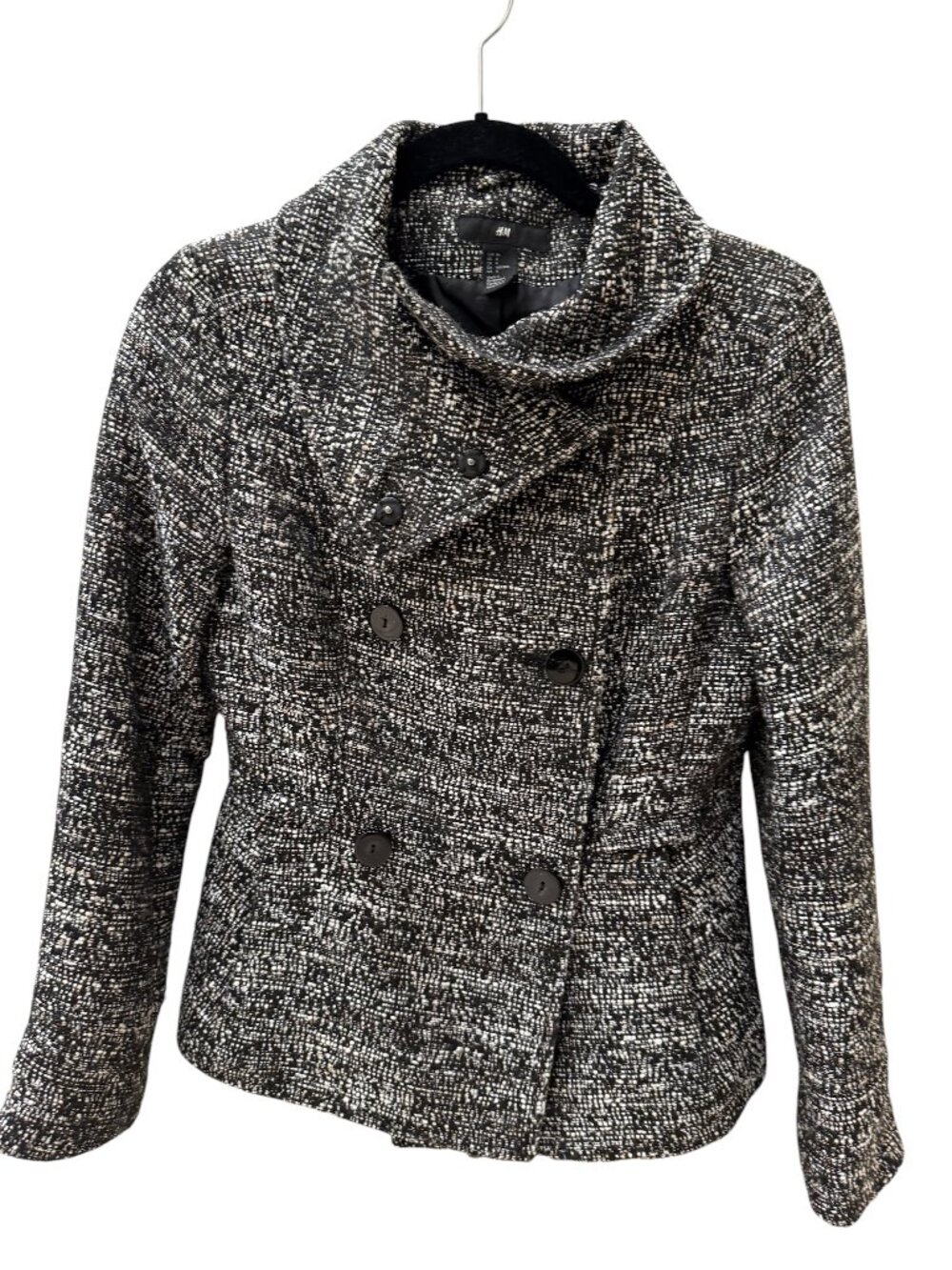 Black & White Structured Tweed-Style Double Breasted Pea Coat, Size Small